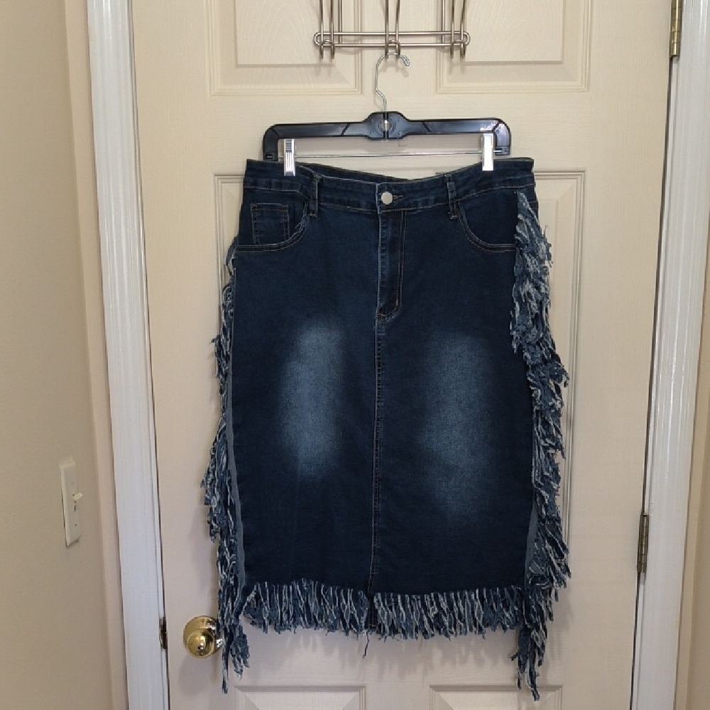 Fringe Denim Skirt - Blue